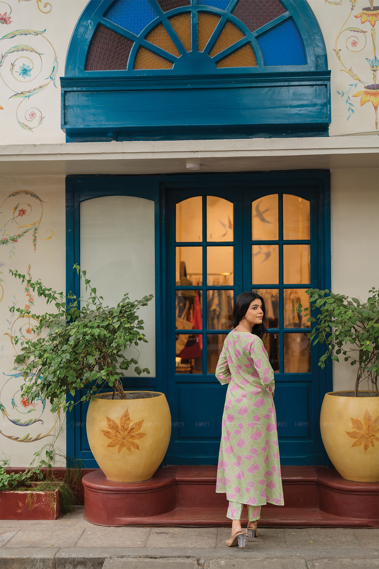 Rinth Green with Whimsical Bloom printed Linen Blend Co Ords