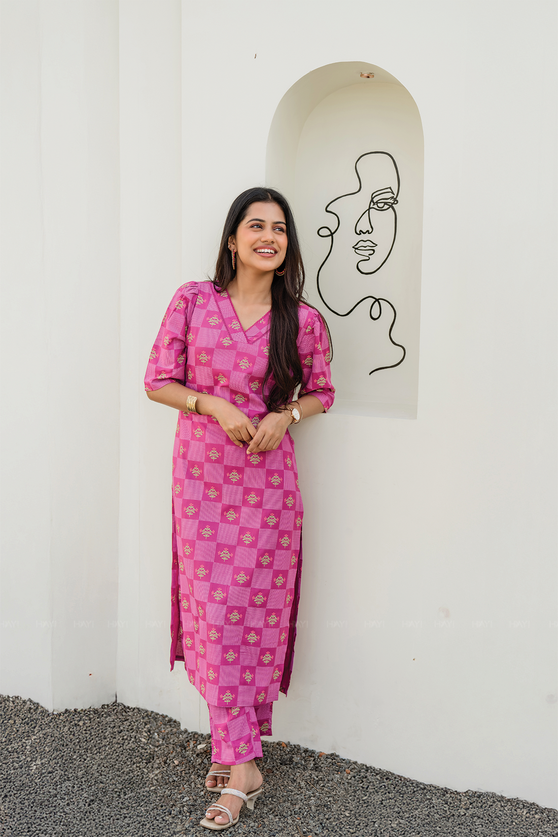Pink Lattice Glam Viscose Co-ord with V-Neck &amp; Lace