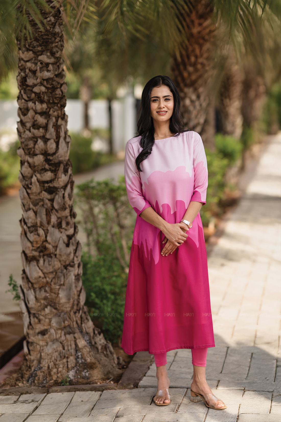 Blush Cascade Pink Linen Blend Dress with Boat neck &amp; Digital Placement Print