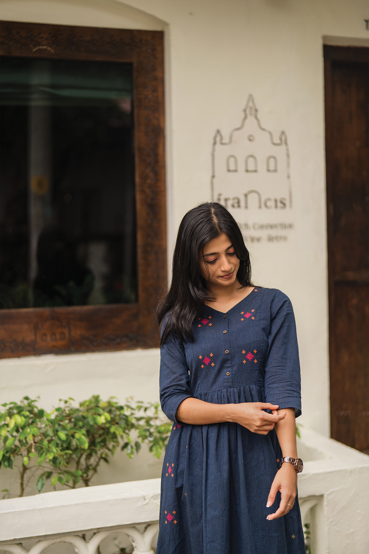 Smoke wood Gray Handloom Dress with V-Neck &amp; Elbow Sleeves
