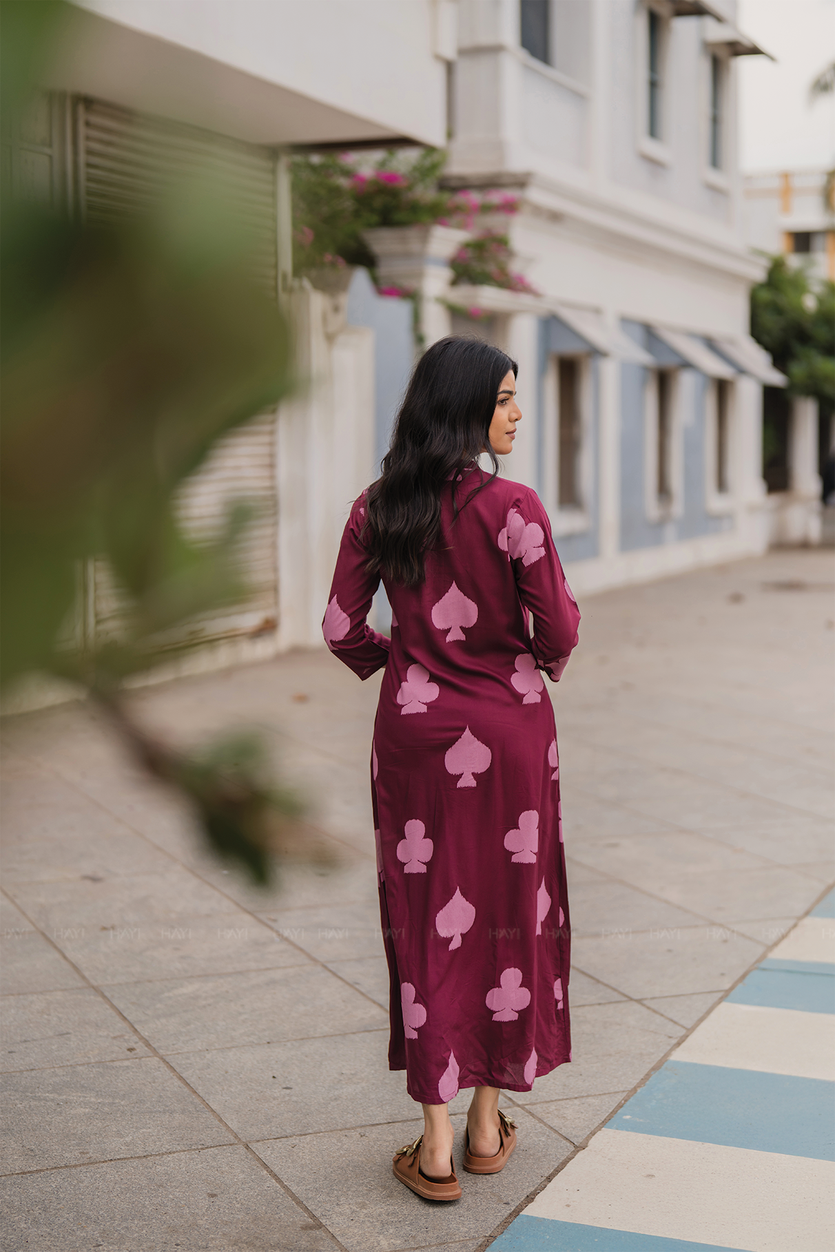 Sepia Maroon with Autumn Hearts printed Viscose A-line Dress