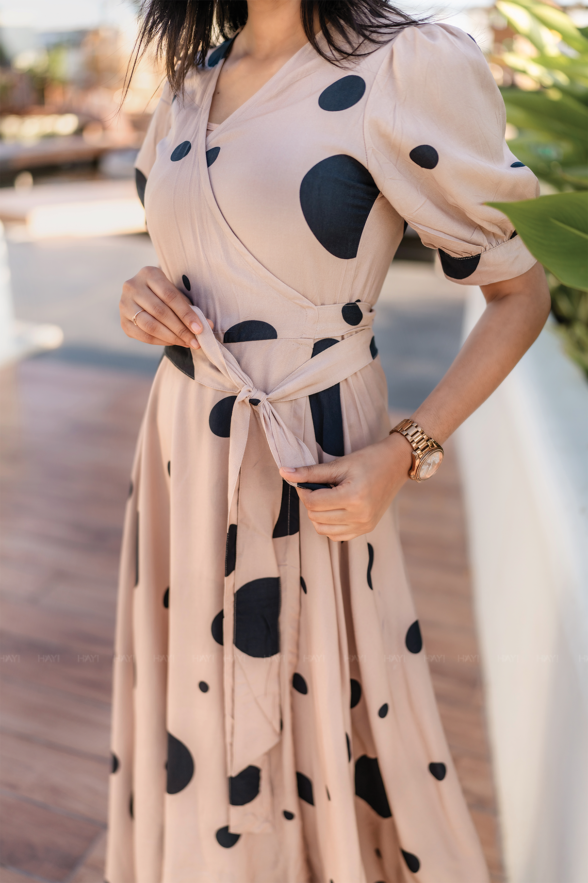 Desert Bubble Beige Viscose Wrap Dress with V-Neckline &amp; Light Puff Sleeves