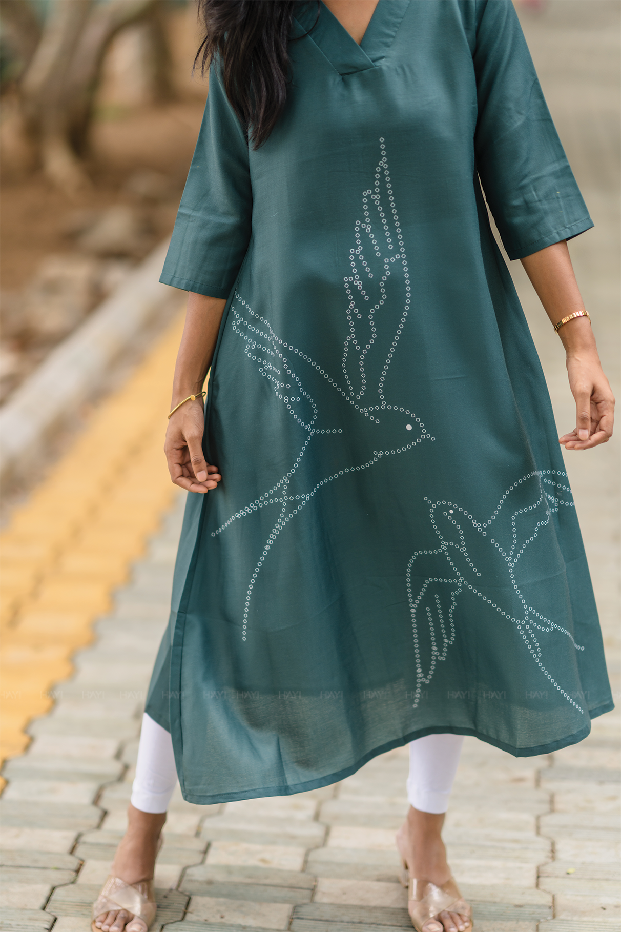 Tender Green with Wings Of Dusk Linen Blend A-line Dress