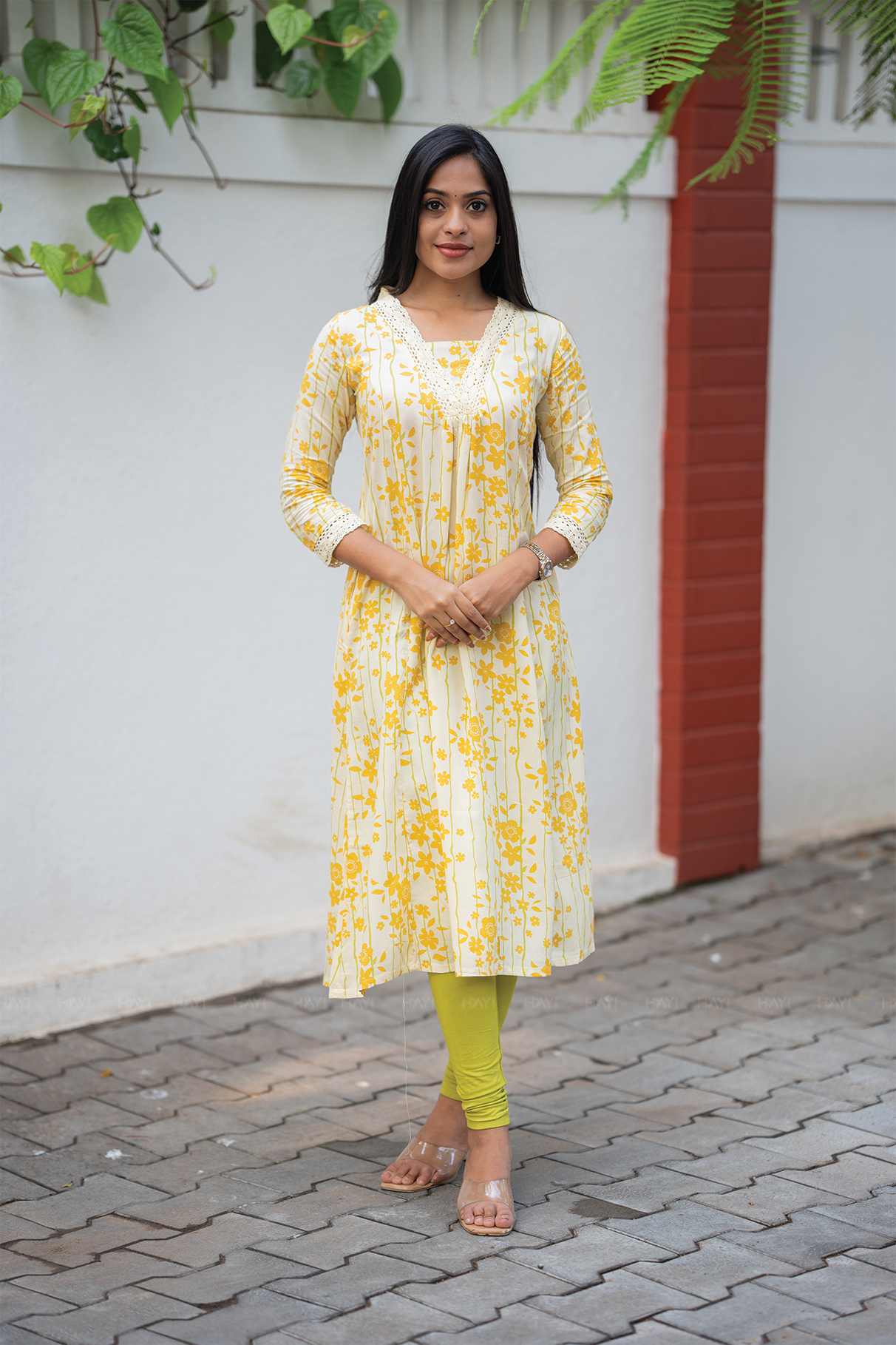 Liora Floral Line Yellow Viscose A-Line Kurta with V-Neck &amp; 3/4th Sleeves