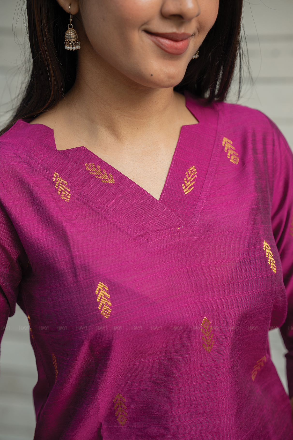 Madhura Deep Pink Viscose Jacquard Weave Co-ord with V-Neck &amp; 3/4th Sleeves
