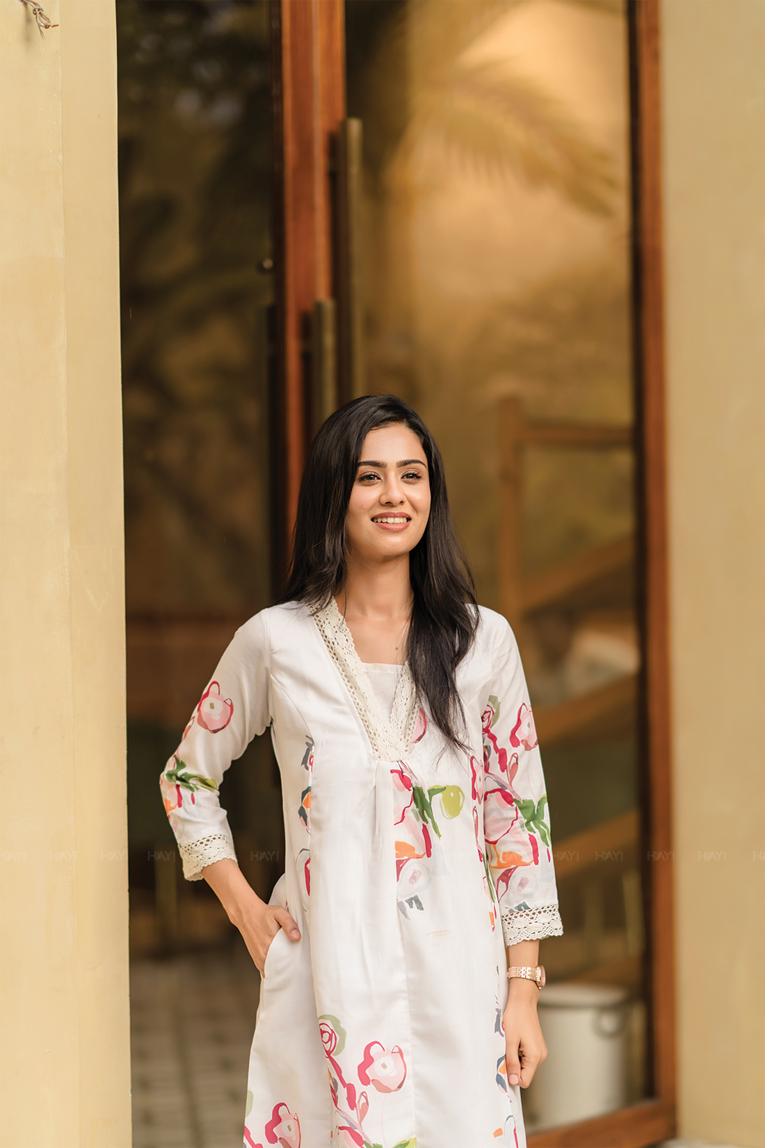 Pastel Floral Dream Half-White Linen Blend Co-ord with V-Neck &amp; Lace