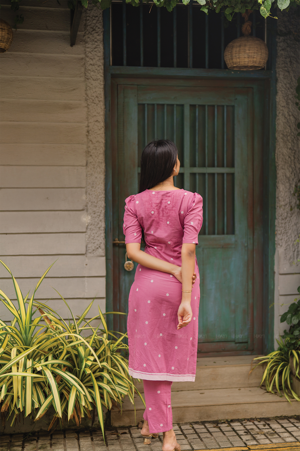 Celestia Dots Pink Handloom Cotton Co-ord with V-Neckline &amp; Puff Elbow Sleeves