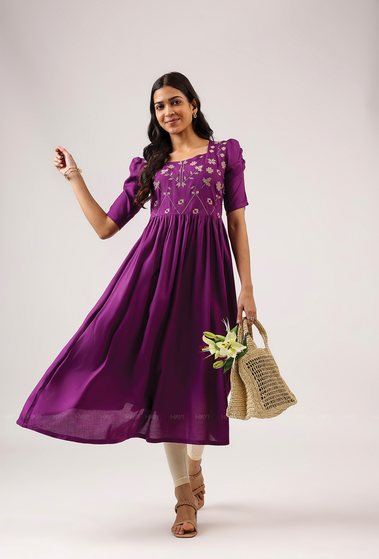Plum Royal with floral printed Viscose Dress