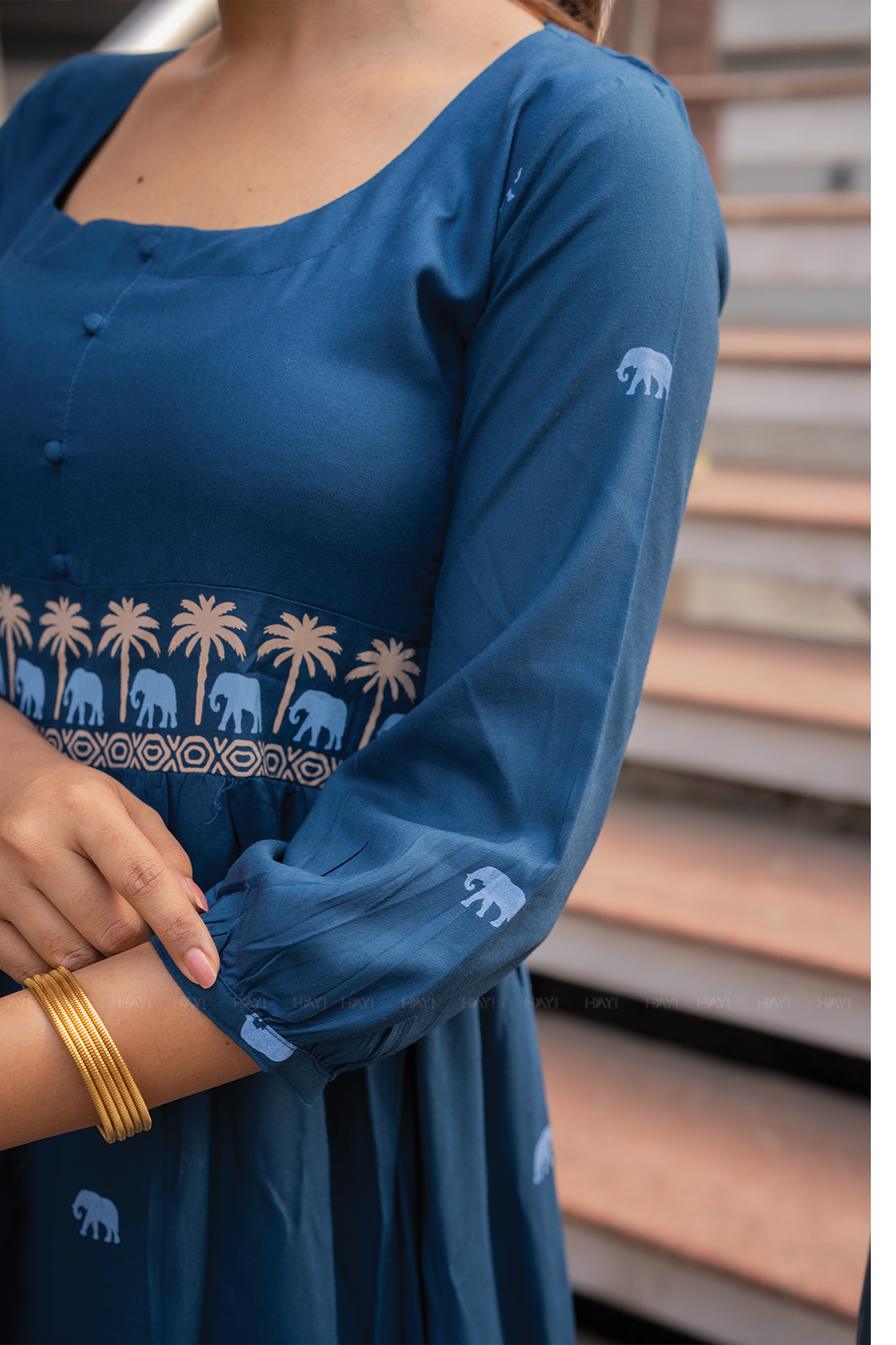 Tusker Tale Greyish Blue Viscose Dress with Round Square Neckline &amp; 3/4th Sleeves
