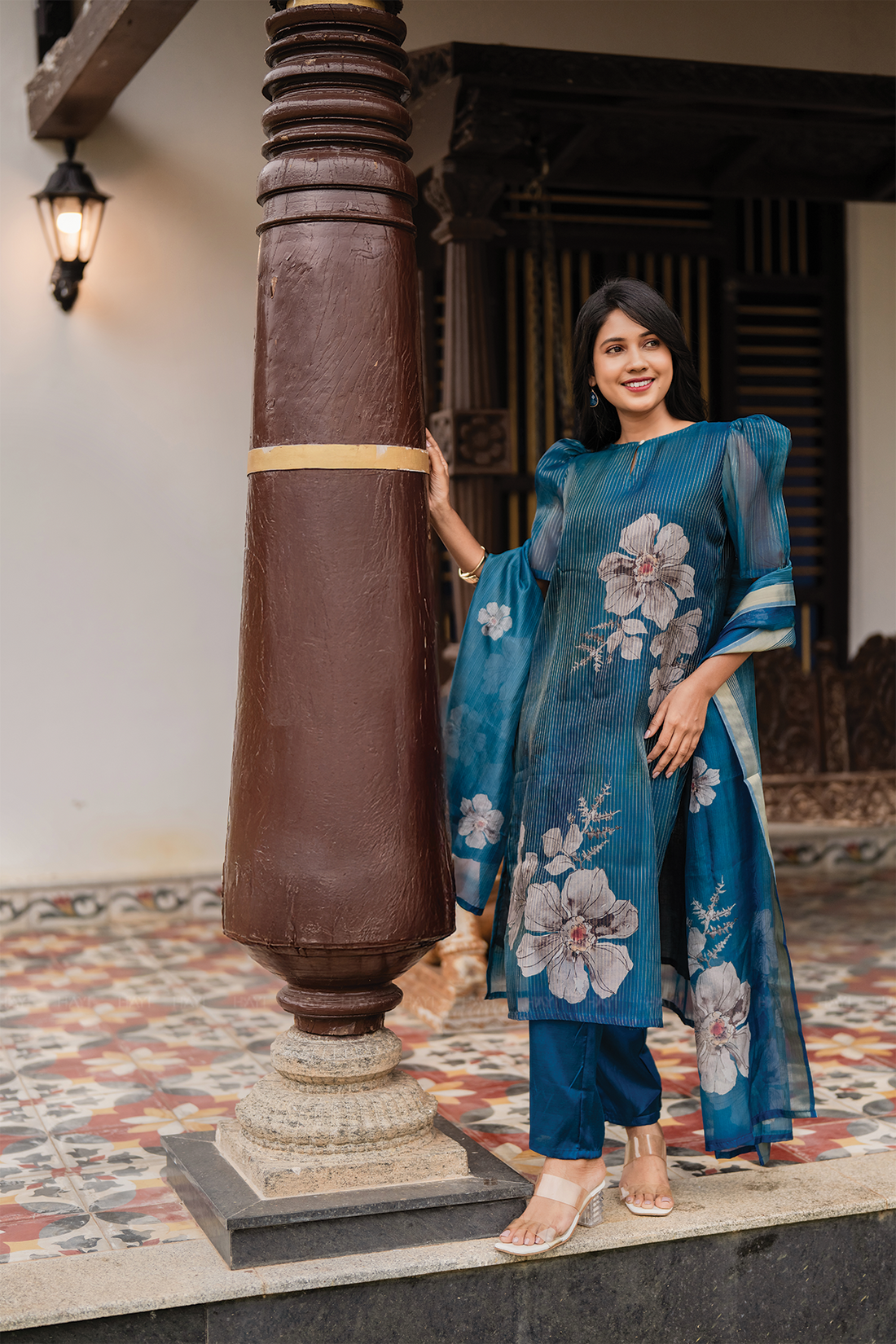 Lagoon Petals 3 Piece Peacock Blue Organza Printed Kurta with Pant &amp; Dupatta