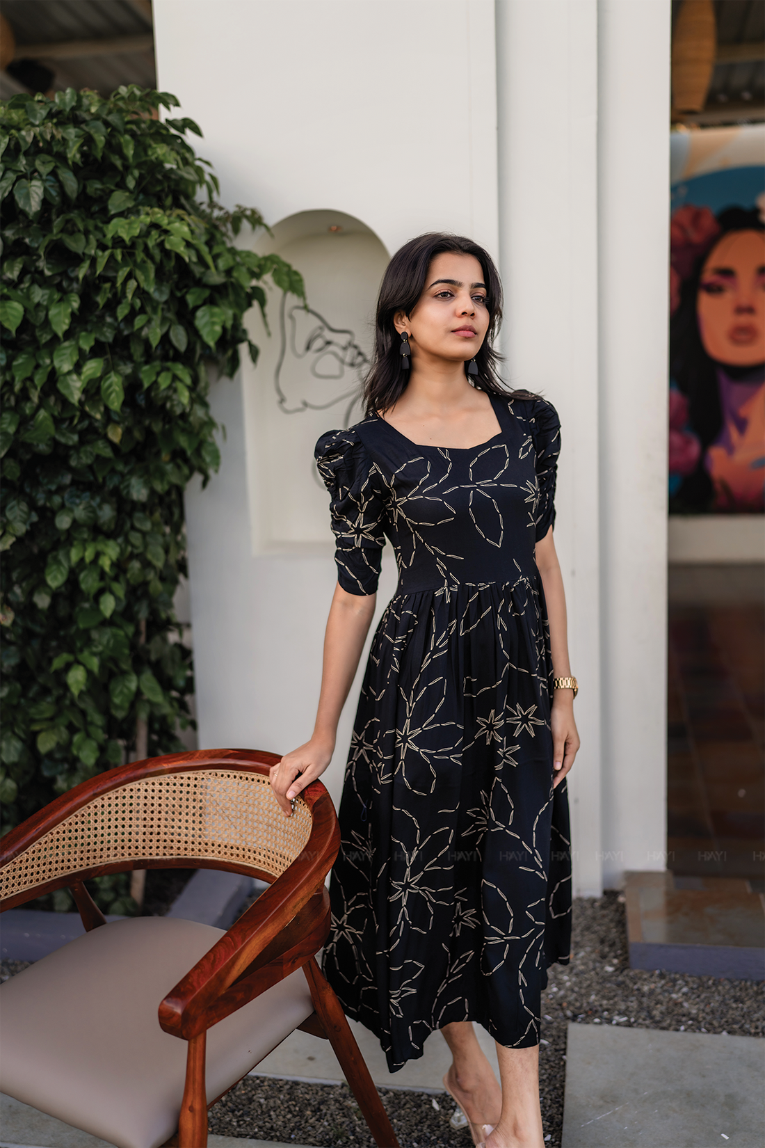 Night Fable Black Viscose Dress with Sweetheart neck &amp; Ruched Sleeves