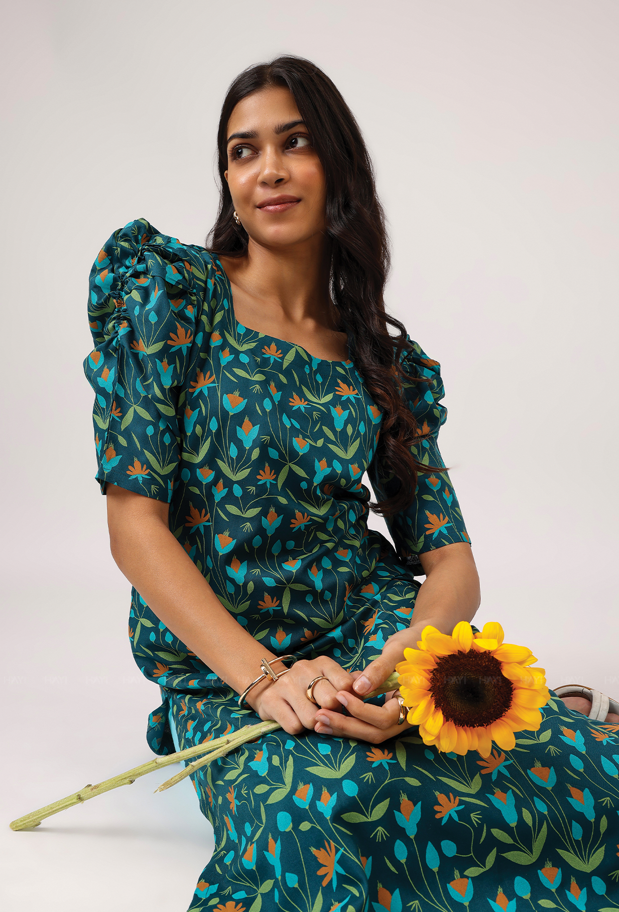 Rouge Teal Green with Evergreen Bloom floral printed Viscose Kurta
