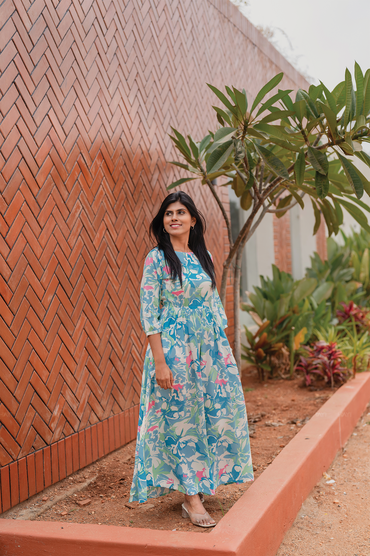 Coastal Bloom Blue Viscose Dress with Boat Neckline &amp; 3/4th Sleeves