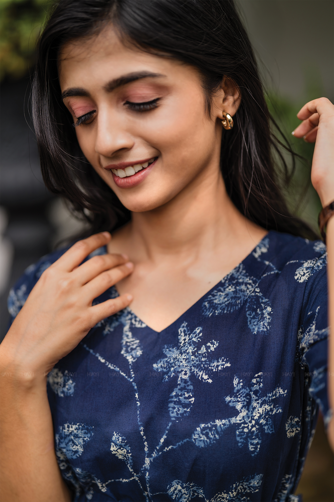 Floralia Blue Cotton Dress with V-Neck &amp; Fabric Rope Detail