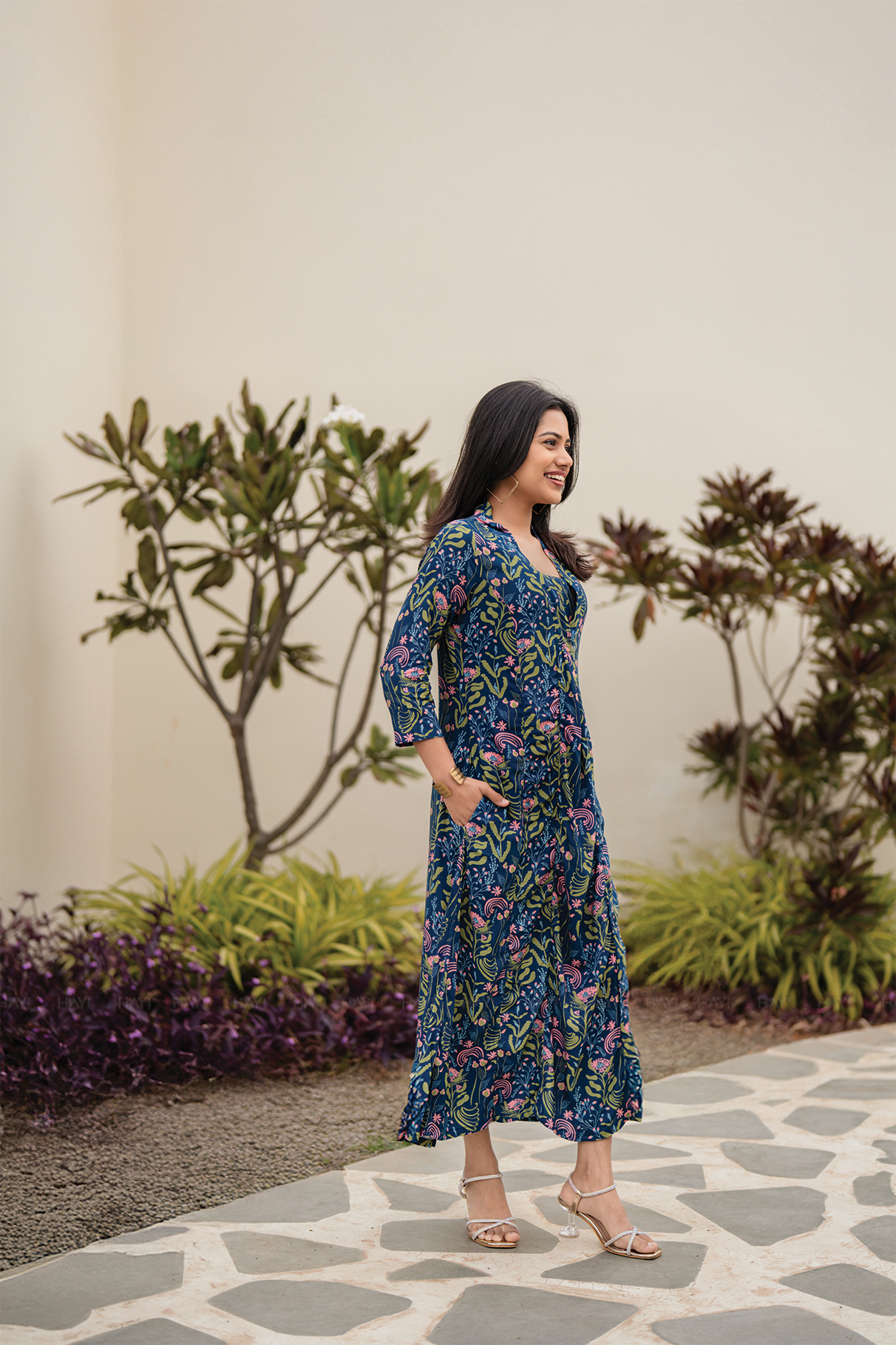 Verdant Muse Blue Viscose A-Line Kurta with V-Neck &amp; 3/4 Sleeves
