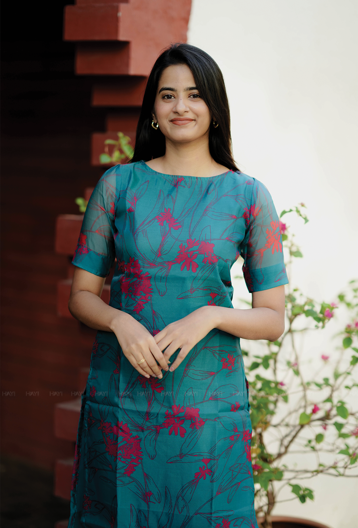 Zesty Teal with floral printed Organza kurta