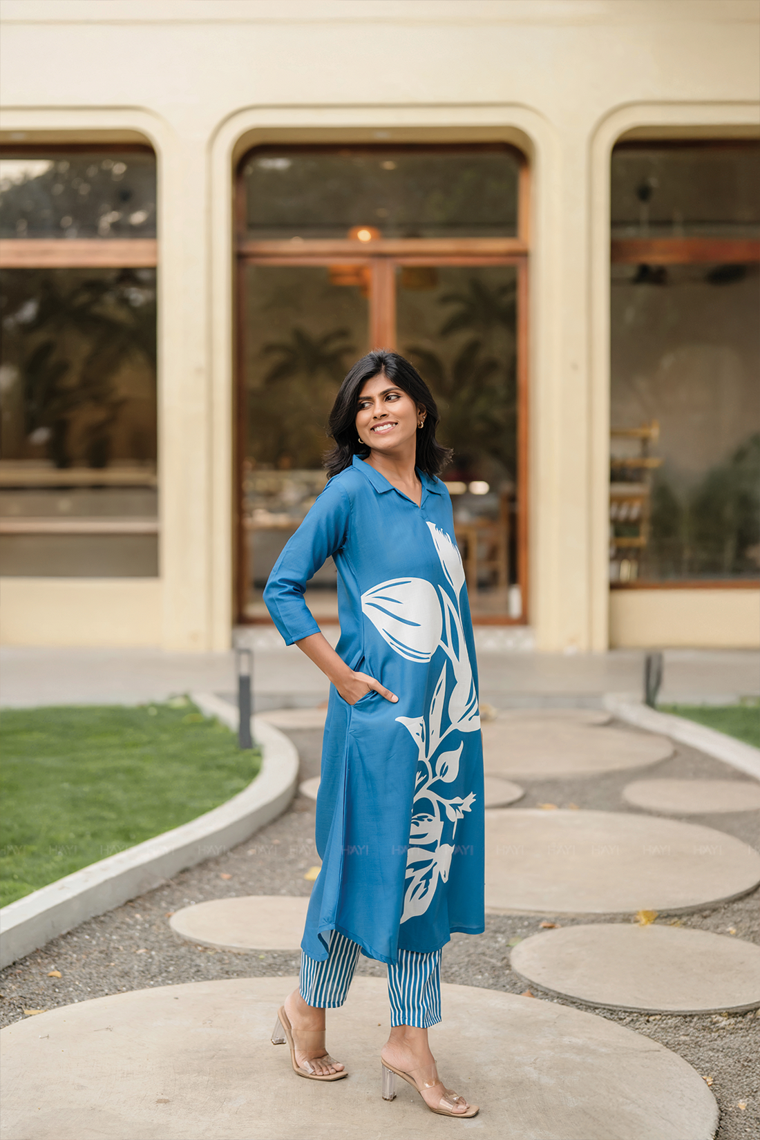 Moonbloom Stride Blue Linen Blend A-Line Kurta Set with Shirt Collar &amp; Placement Print