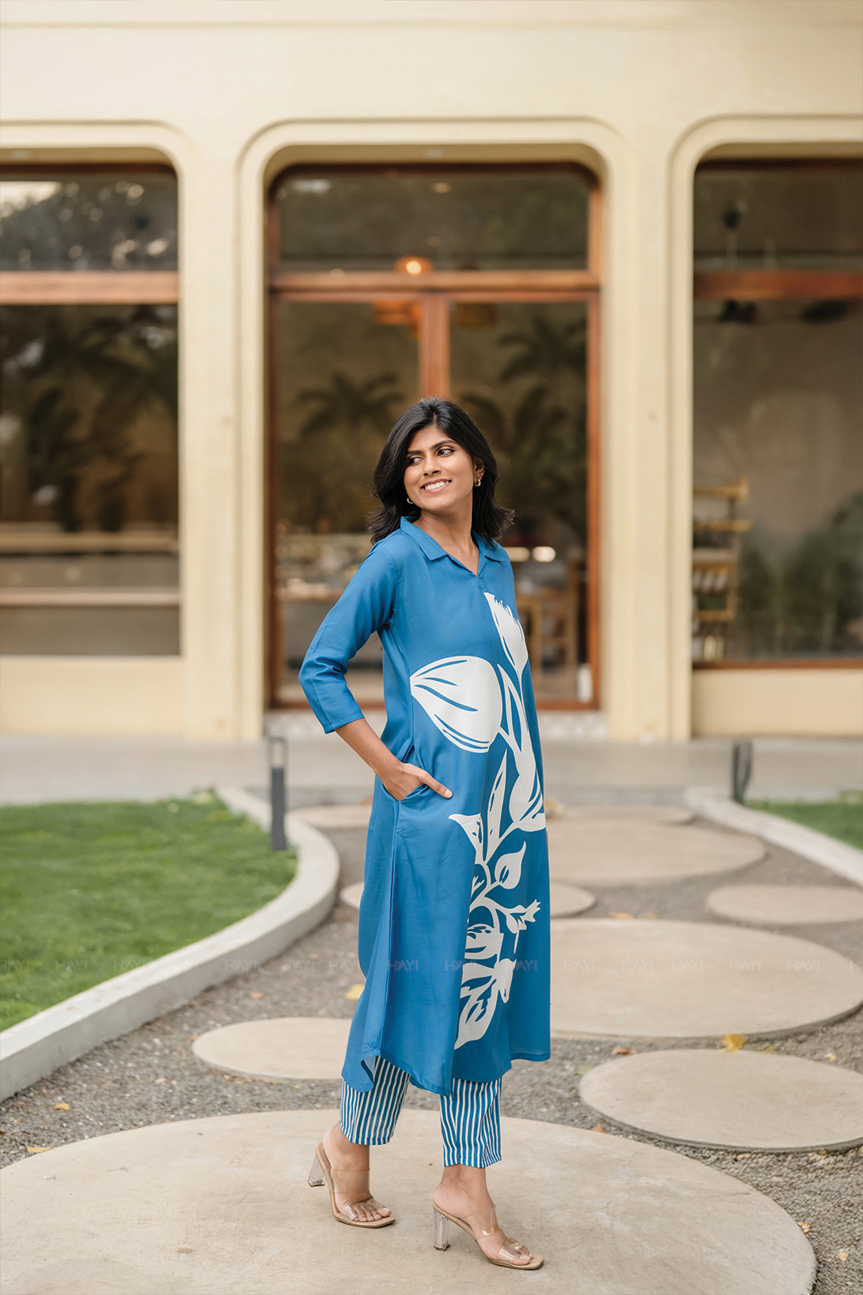 Moonbloom Stride Blue Linen Blend A-Line Kurta Set with Shirt Collar &amp; Placement Print