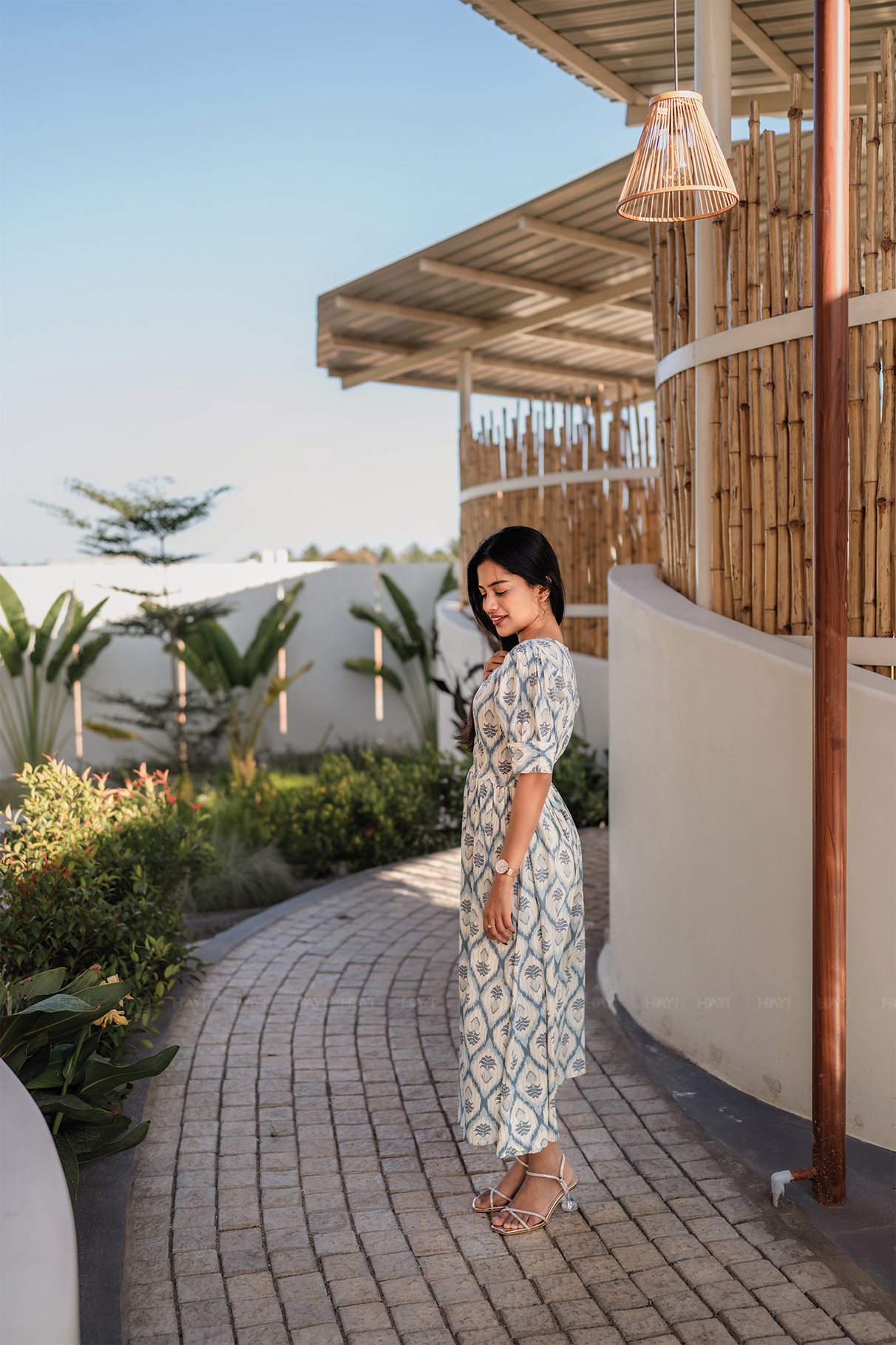 Eclora Off White Viscose Dress with Square Neck and Puff Sleeves