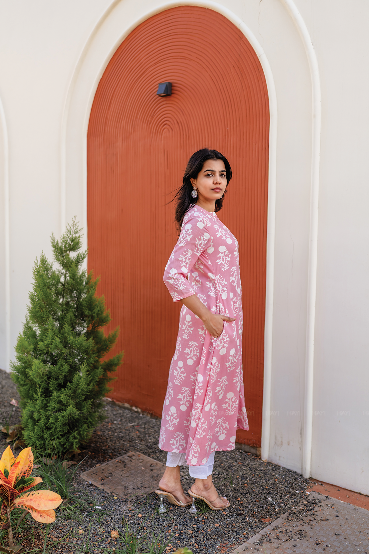 Blush Tale Pink Viscose A-line Dress with Chinese Collar &amp; 3/4th Sleeves