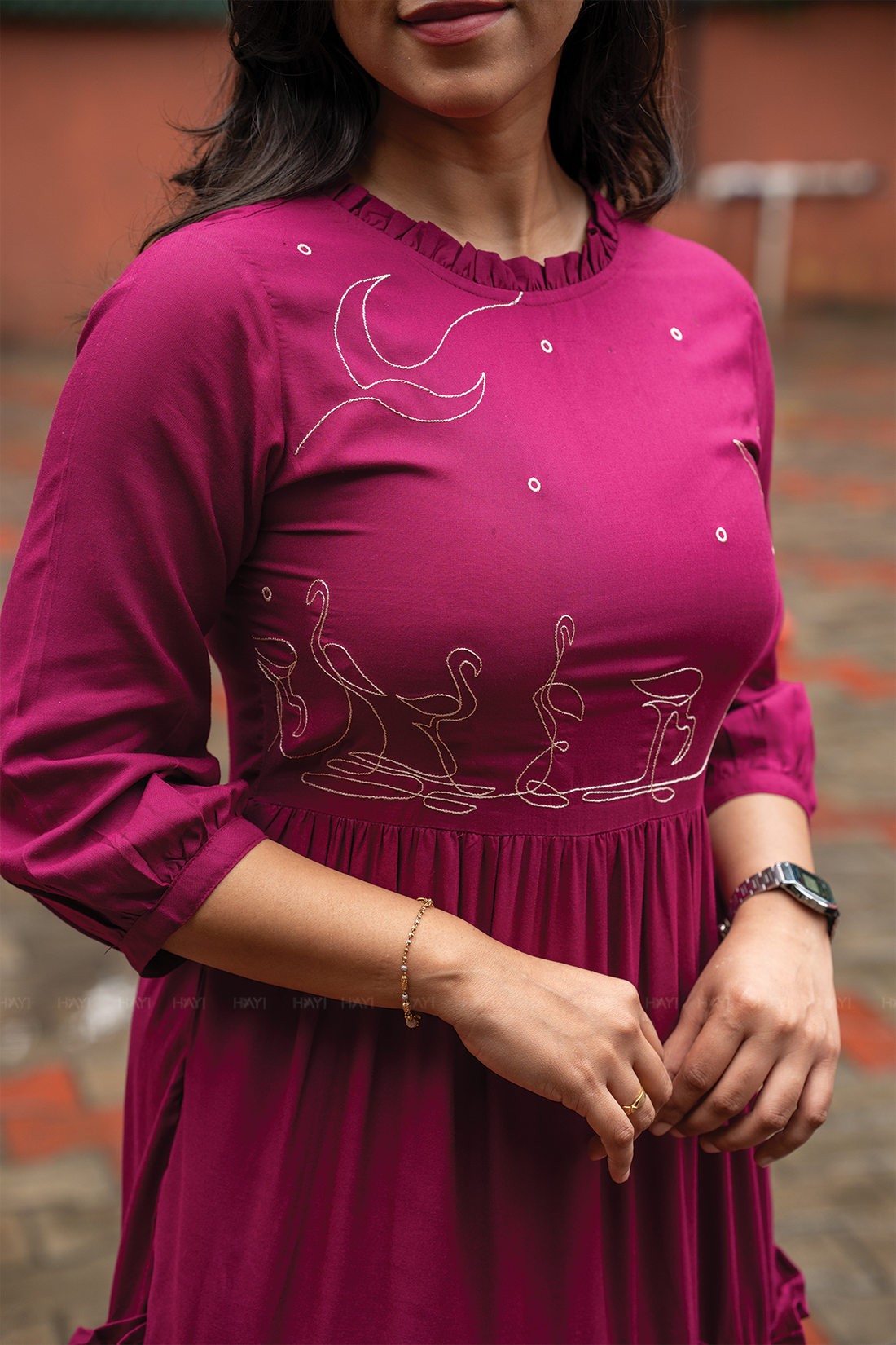 Moonlit Swans Violet Viscose Dress with Frill Neck &amp; Embroidered Yoke