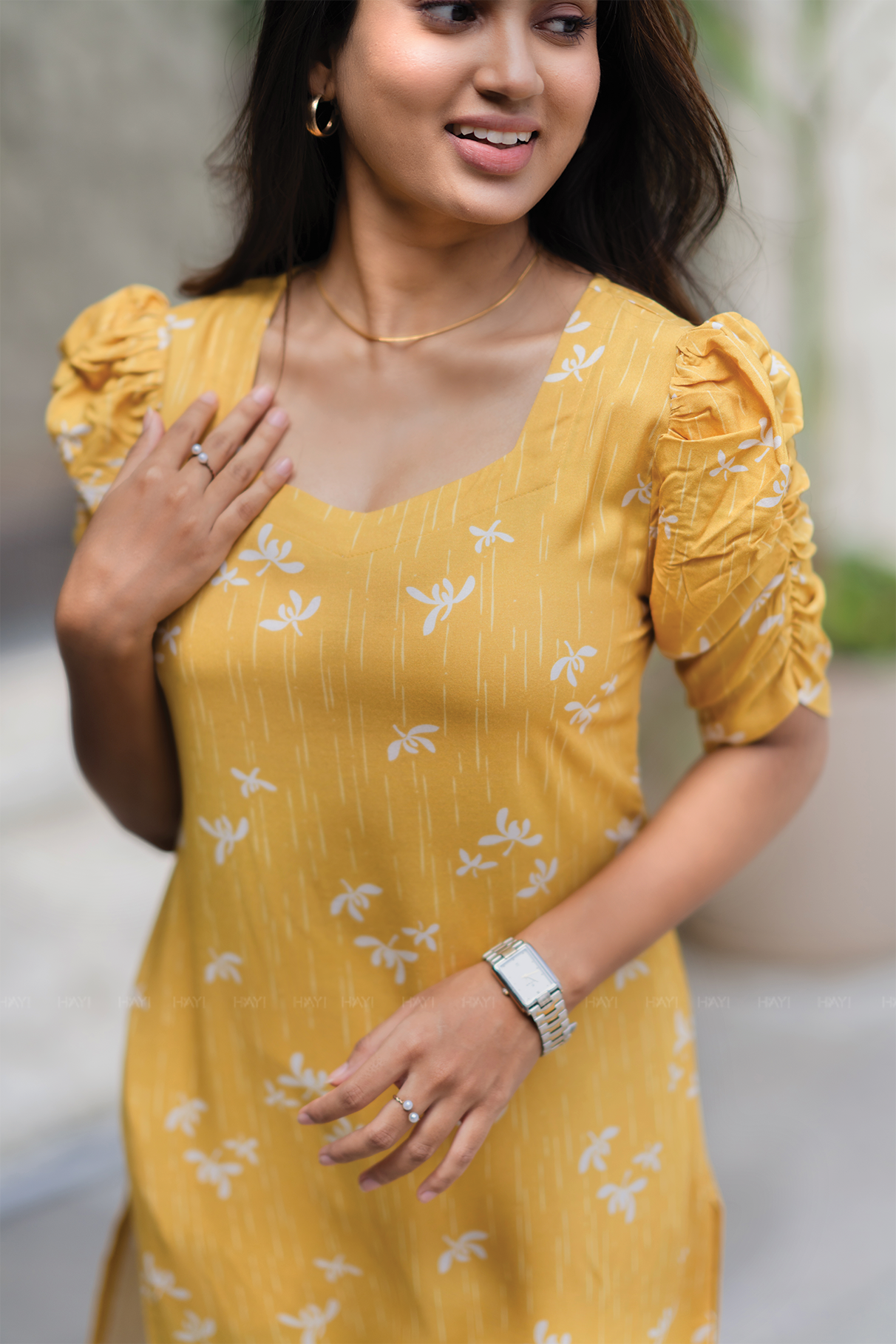 Lemon Pop Yellow Viscose Kurti with Sweetheart Neck &amp; Ruched Sleeves
