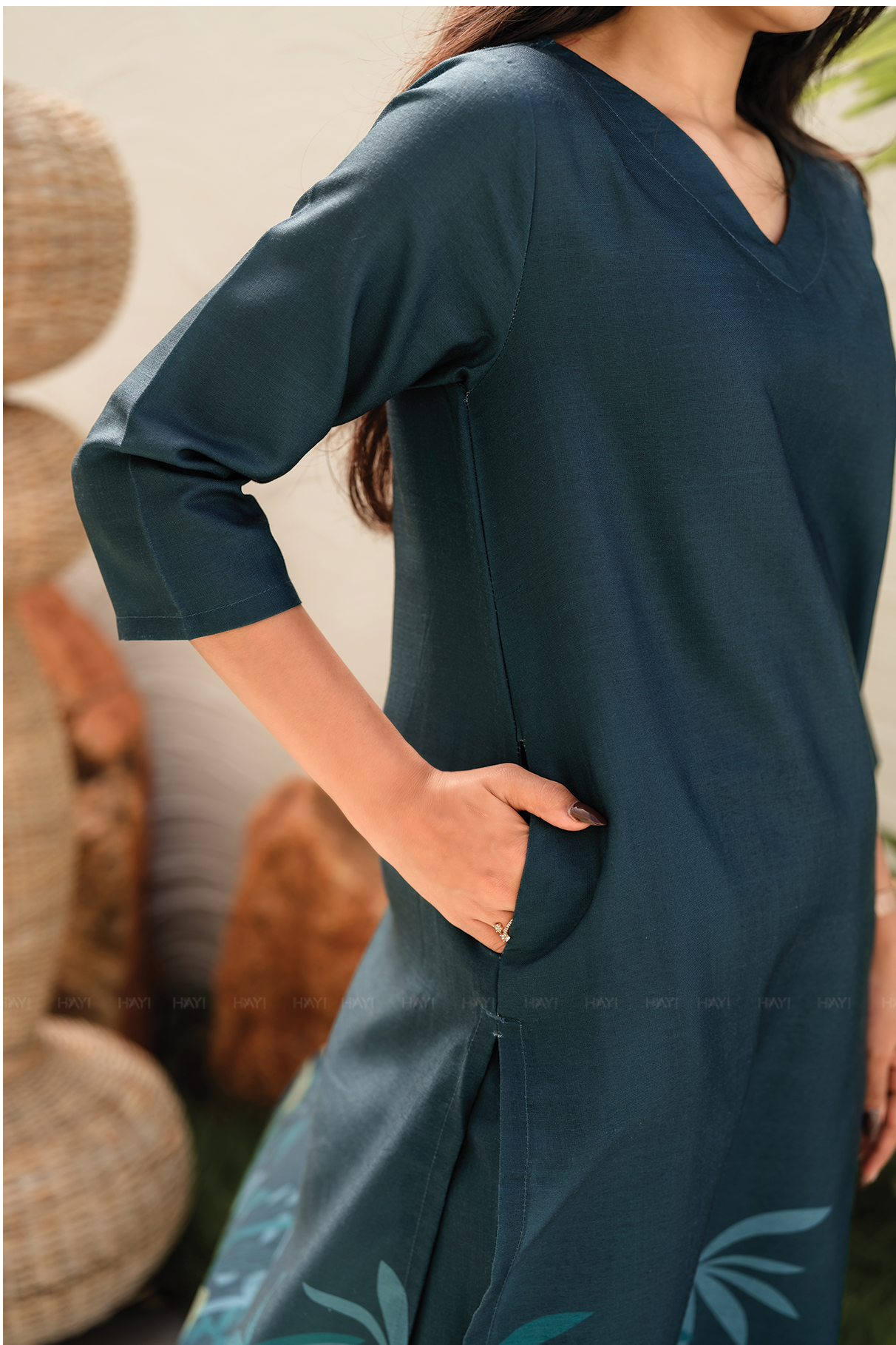 Evergreen Elegance Green Linen Blend Co ord with Curved V Neckline and 3/4th Sleeves