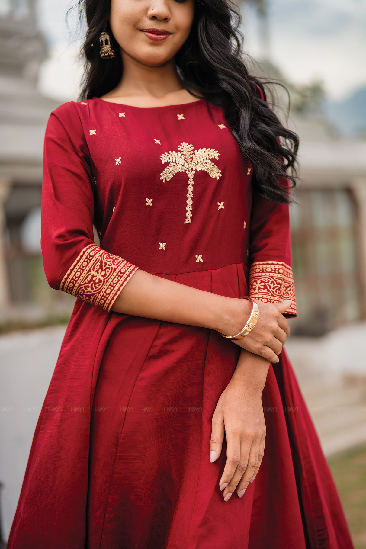 Palm Lustre Deep Red Viscose Placement Print Embroidered Anarkali with Round Neck &amp; 3/4th Sleeves