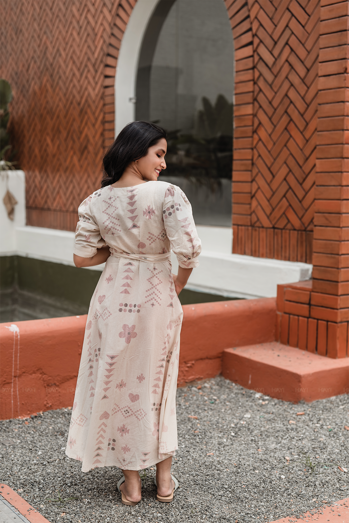 Puffy Poise Beige Cotton Blend Wrap Dress with V-Neckline &amp; Puff Sleeves