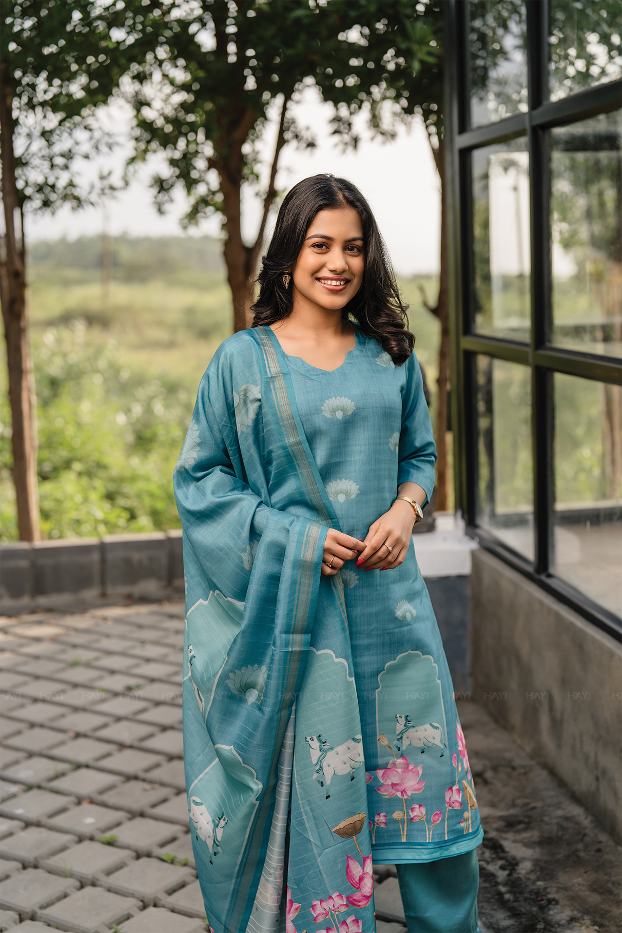 Lotus Charm Blue 3 Piece Tussar Silk Blend Printed Kurta with Pant &amp; Dupatta