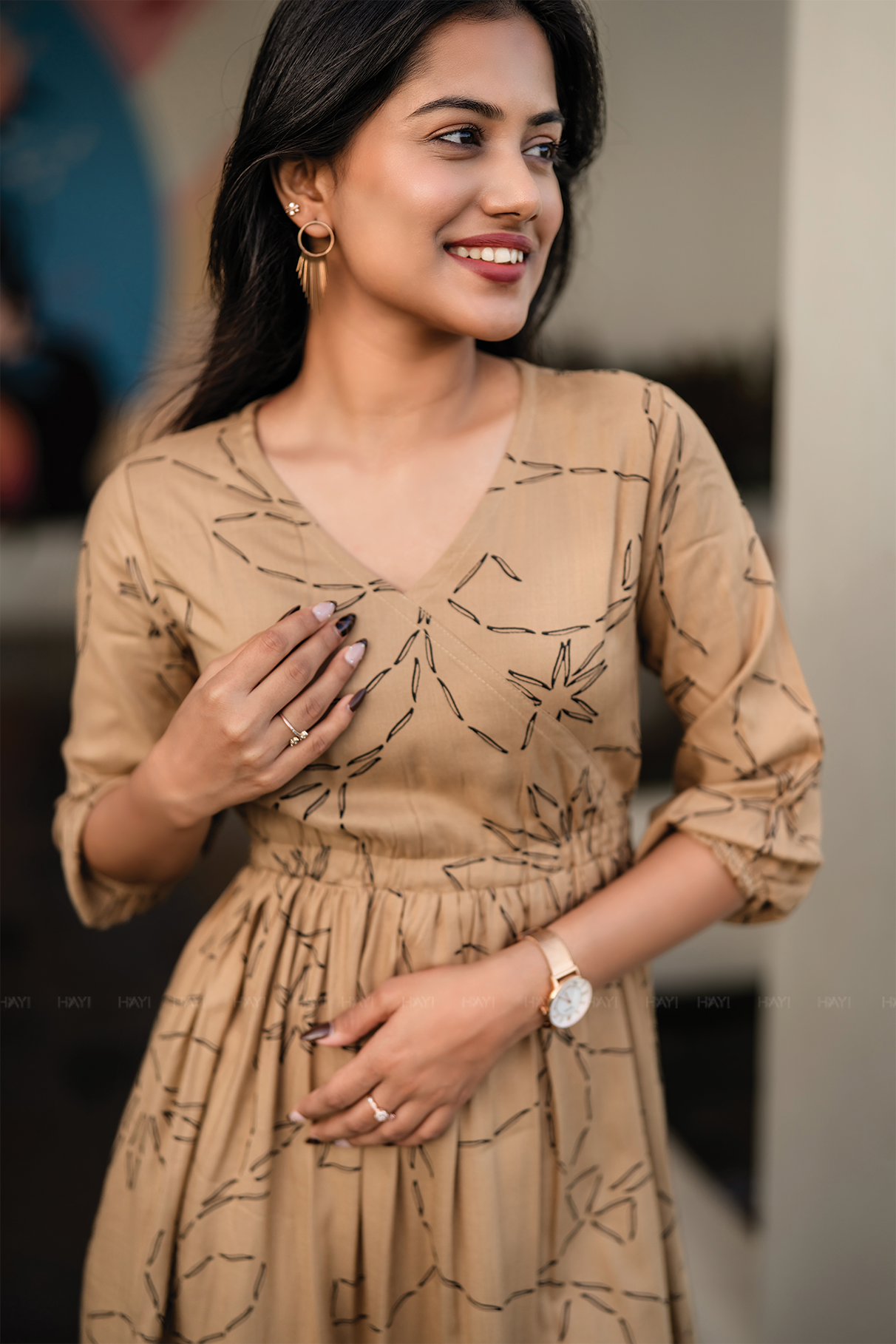 Lil Breeze Beige Viscose Dress with V-Neck &amp; 3/4th Sleeves