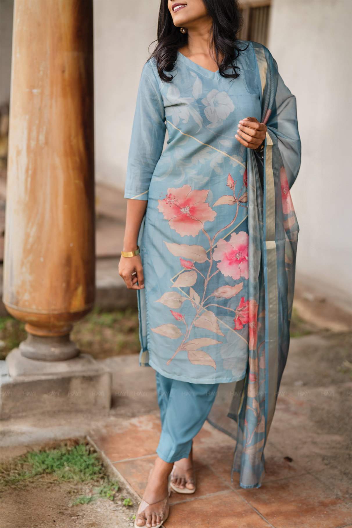 Blush Horizon Blue 3 Piece Shimmer Tissue Blend Floral Placement Print Kurta with Pant &amp; Dupatta