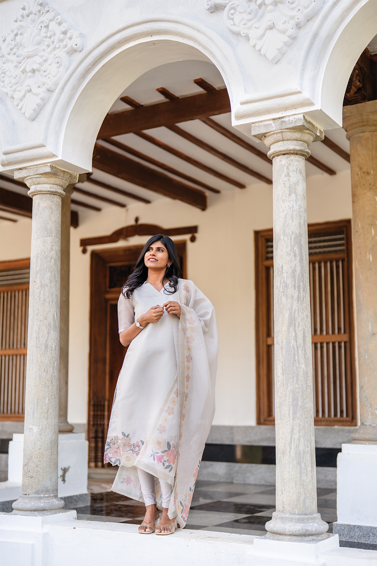 Silver Blossom 3 Piece Silk Blend Hand Embroidery Kurta with Pant &amp; Dupatta