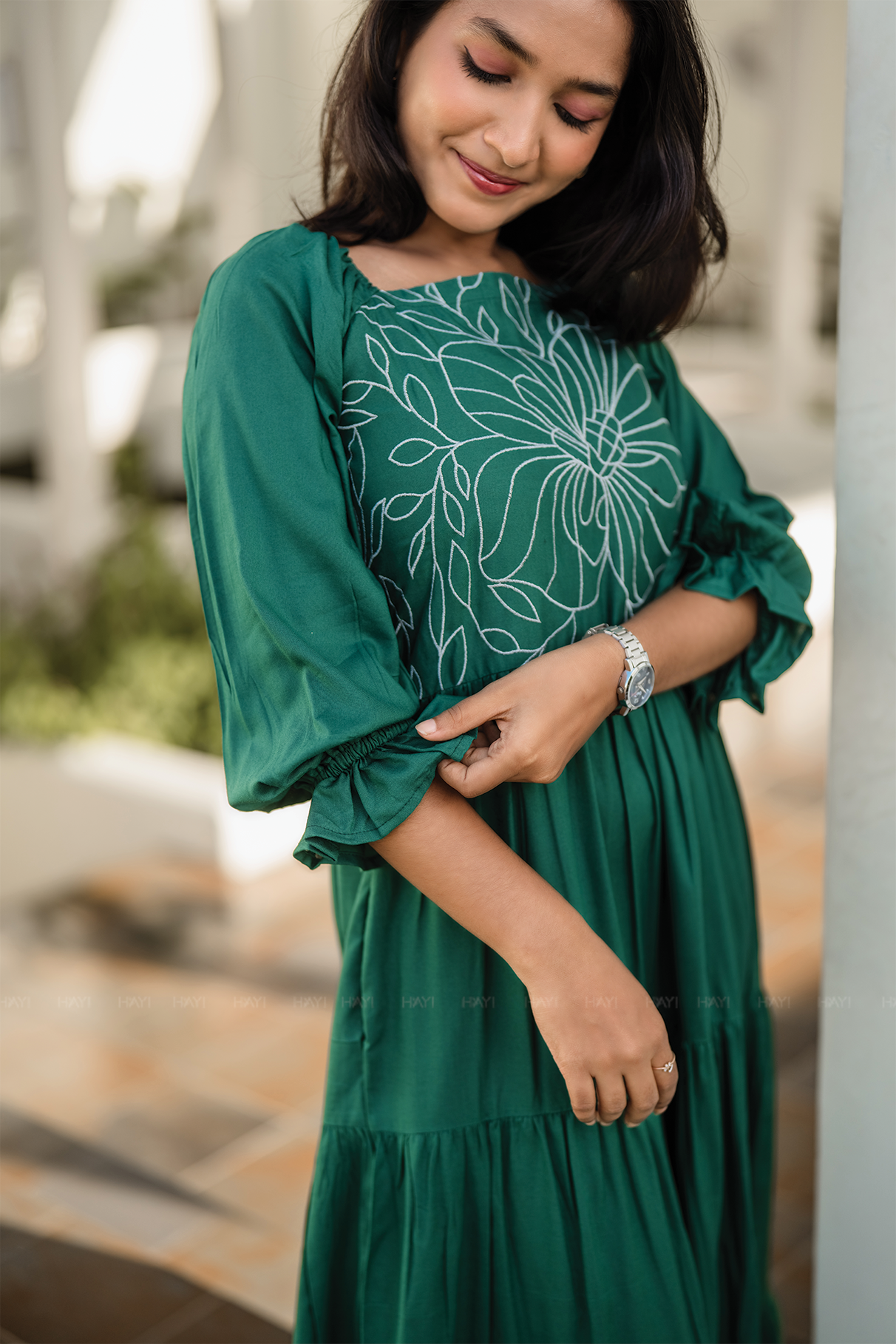 Green Floral Whimsy Green Viscose Dress with Shoulder Elastic &amp; Embroidery