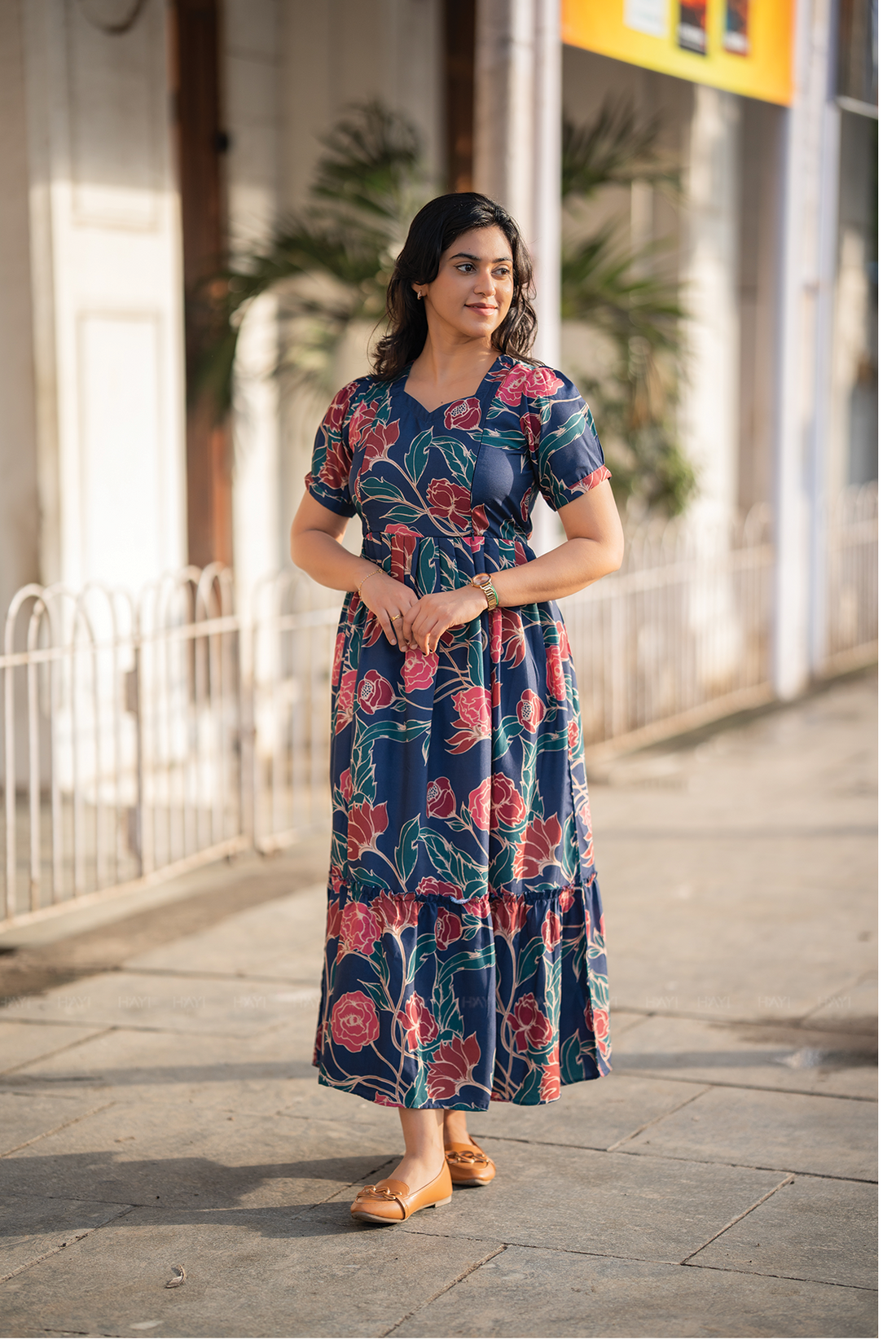 Petalia Blue floral printed Maternity and Feeding Cotton Blend Dress