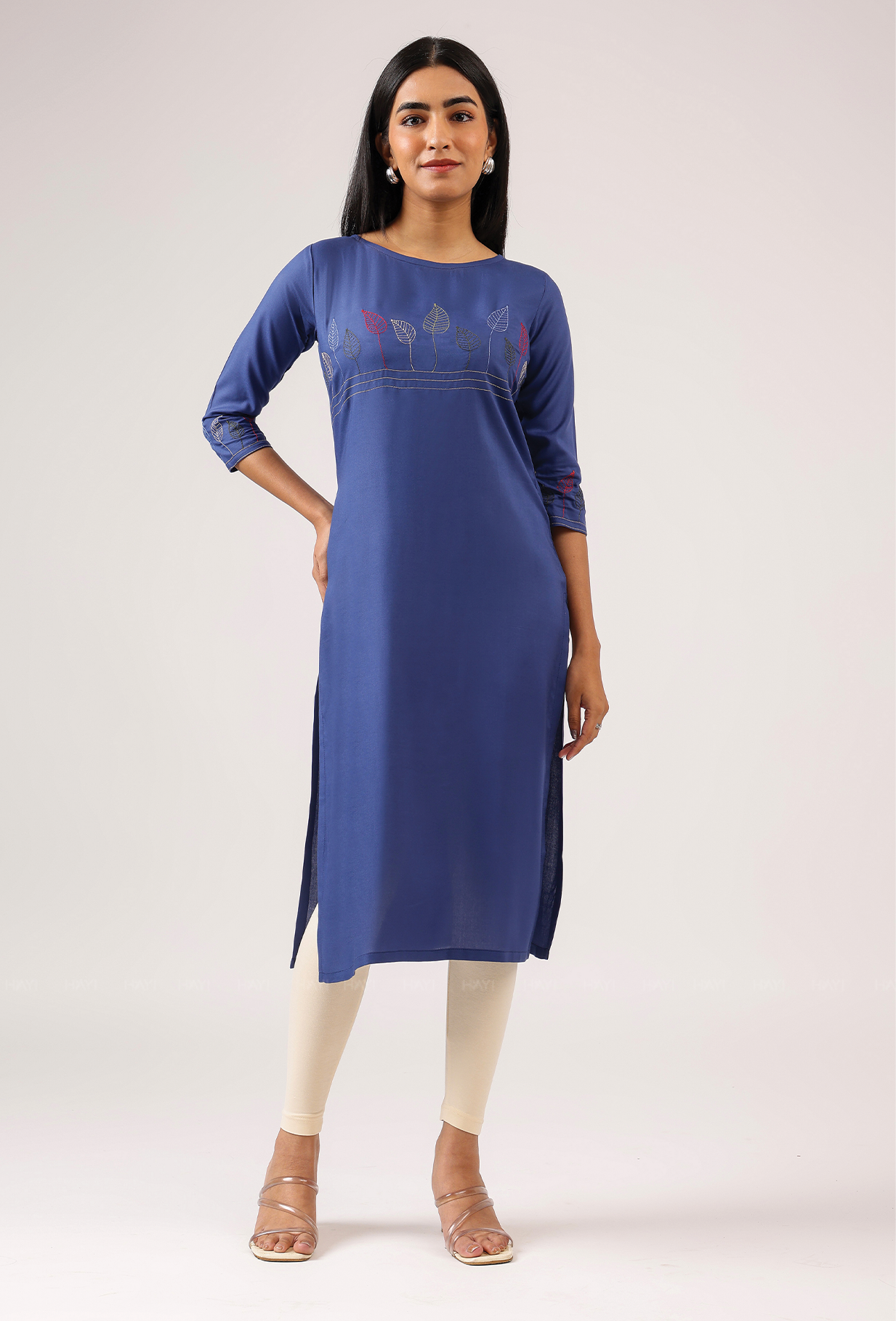 Drawn Blue with Ink Weave Leaf Embroidery Viscose Kurta