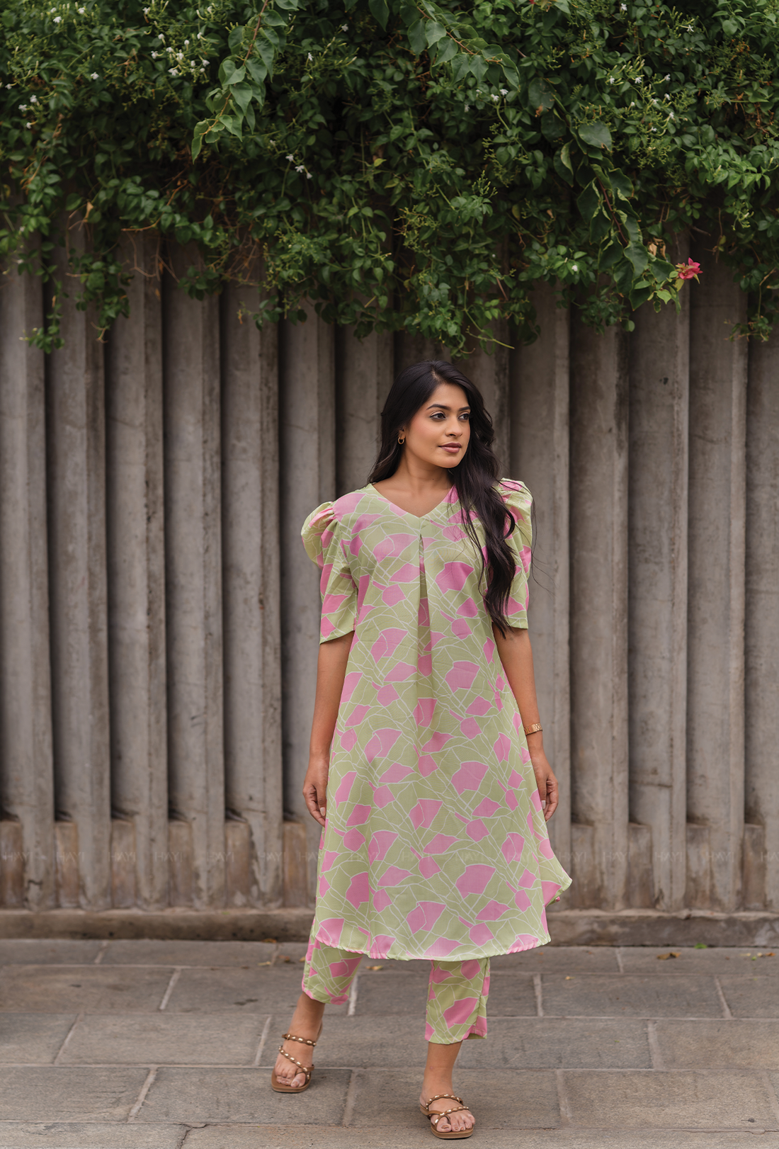 Rinth Green with Whimsical Bloom printed Linen Blend Co Ords