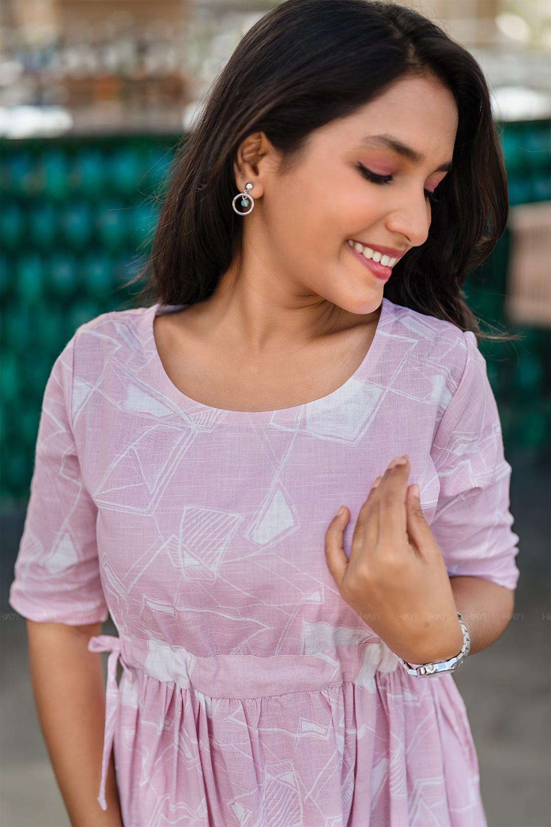 Soft Focus Light Pink Cotton Blend Dress with Round Neck &amp; Fabric Rope Tie