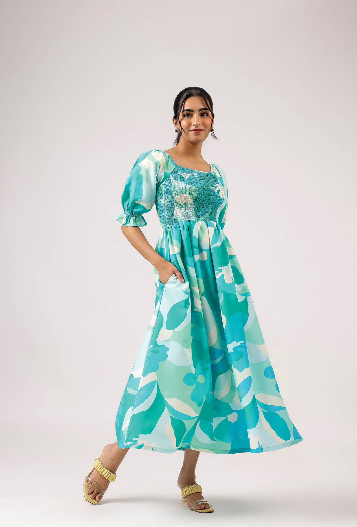 Whim Teal with Tide Kiss Smock Rayon Blend Dress