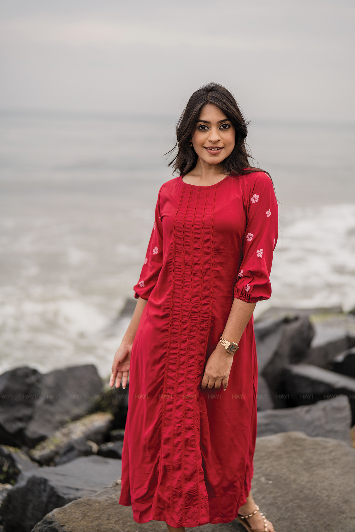 Lava Red with Lacey Daisy printed Viscose A-line Dress