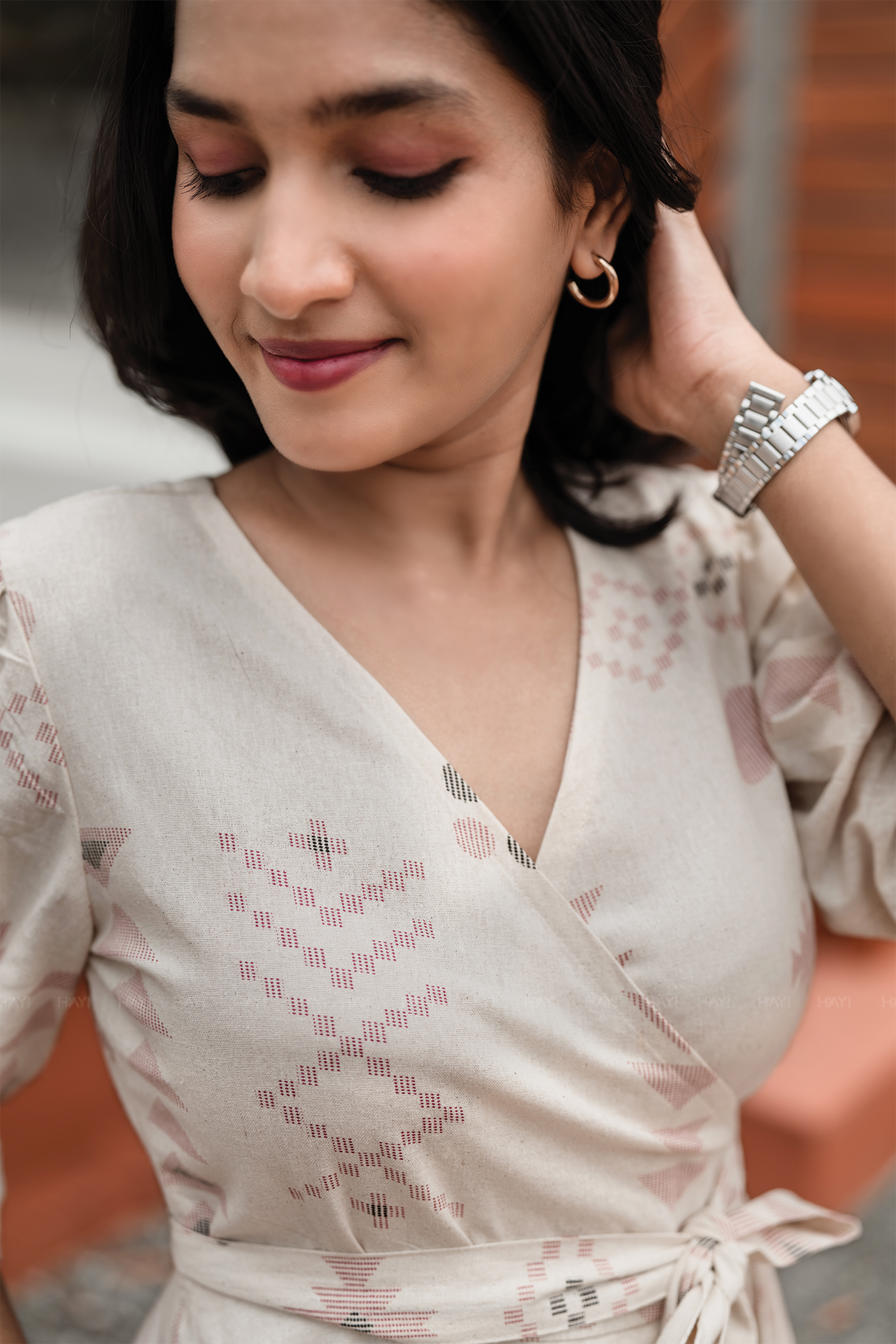 Puffy Poise Beige Cotton Blend Wrap Dress with V-Neckline &amp; Puff Sleeves