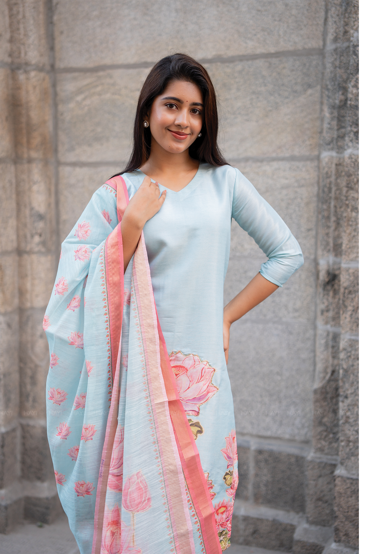 Lotus Mist Blue Printed 3 Piece Shimmer Tissue Kurti Set with Dupatta