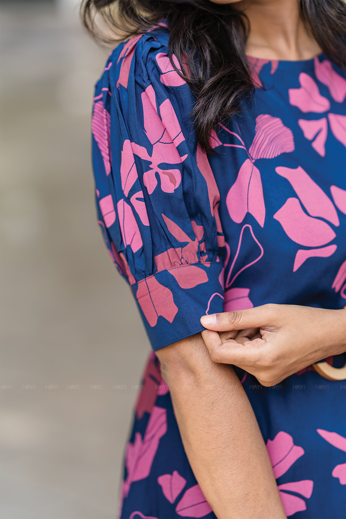 Berry Noir Blue Viscose Dress with Puff Sleeves &amp; Belt
