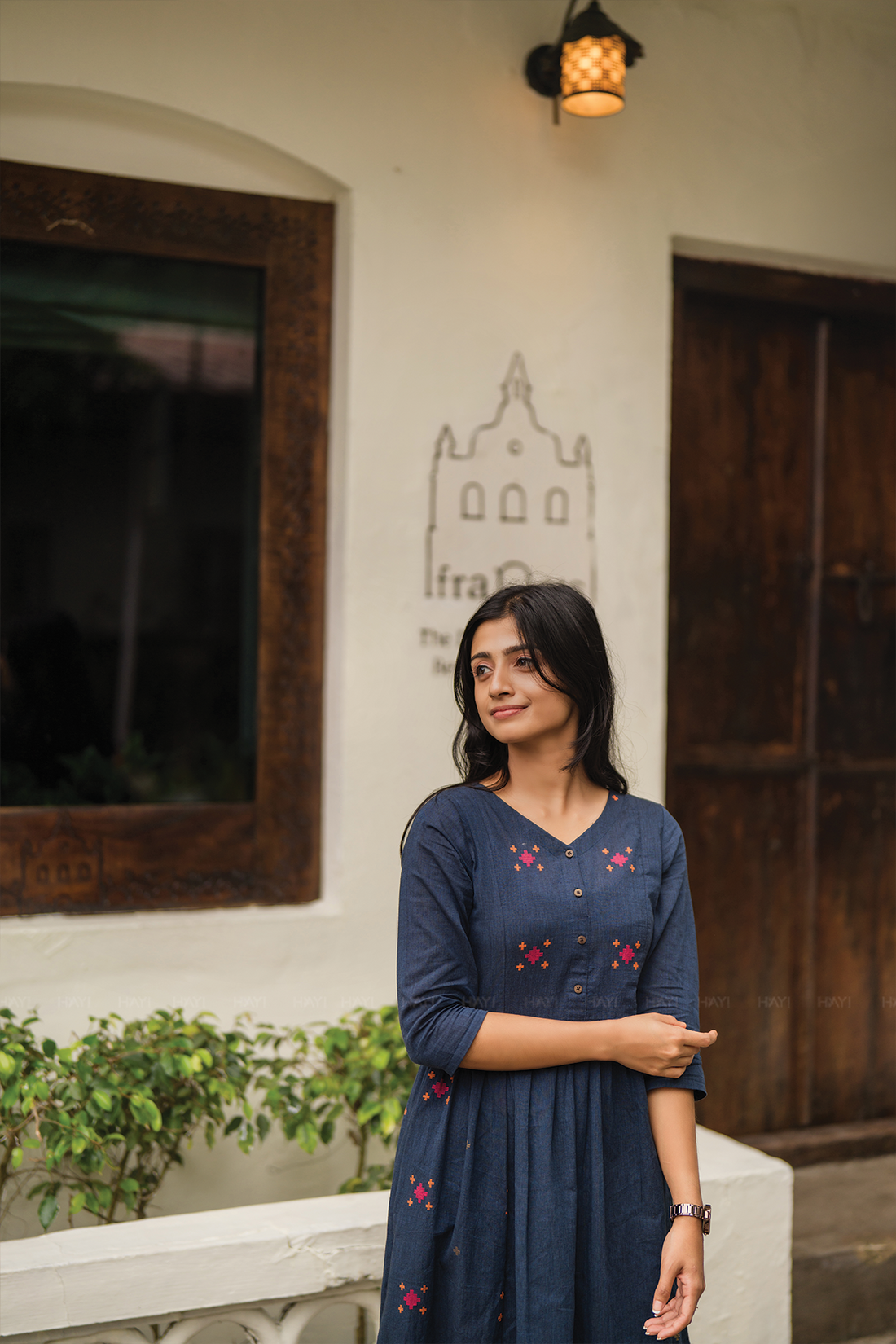 Smoke wood Gray Handloom Dress with V-Neck &amp; Elbow Sleeves