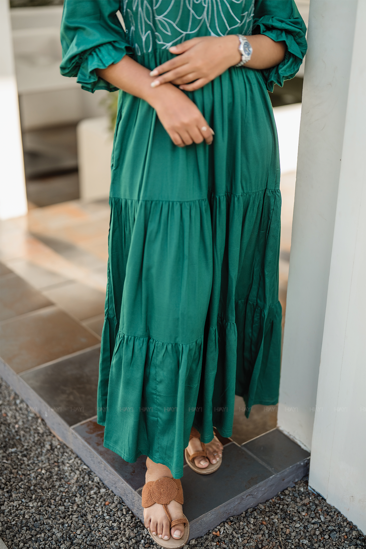 Green Floral Whimsy Green Viscose Dress with Shoulder Elastic &amp; Embroidery