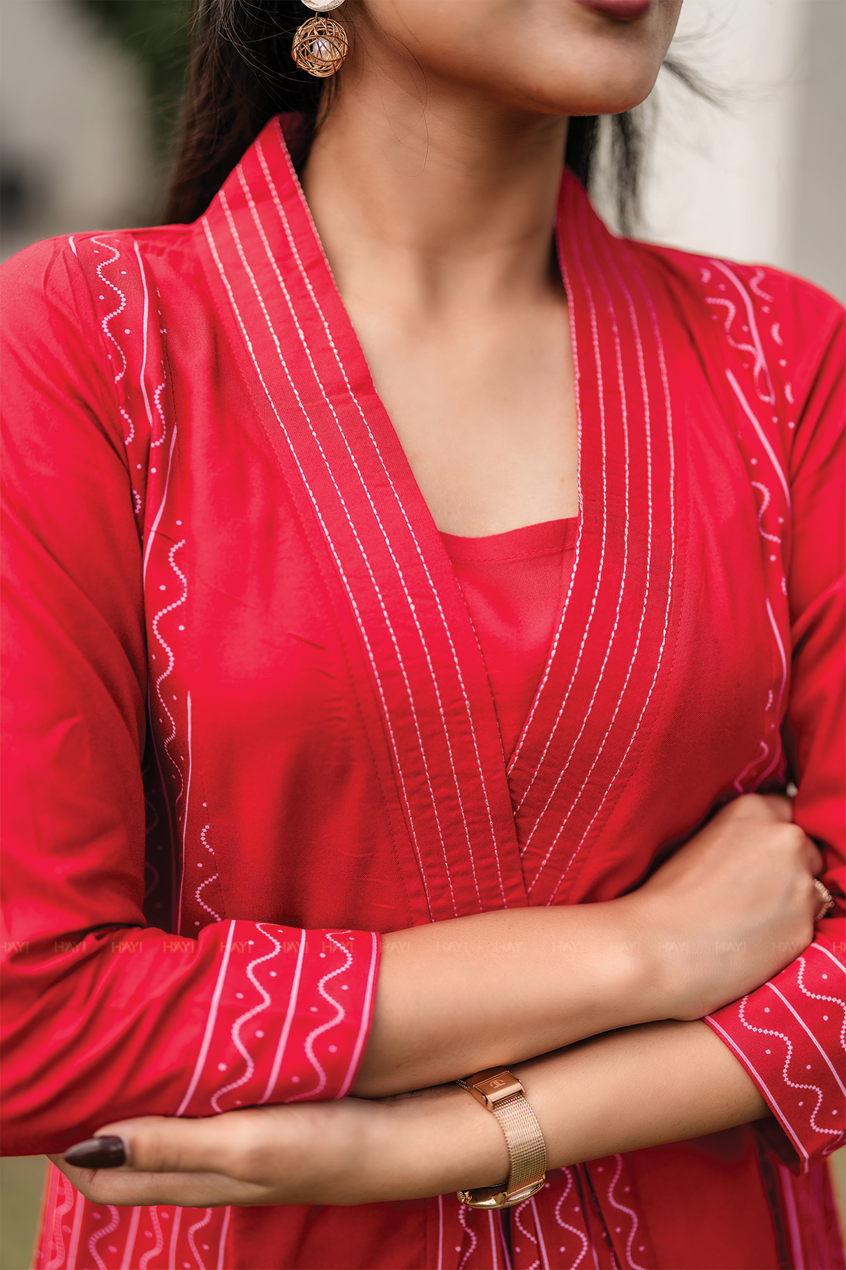 Red Muse Viscose Blend A-line Dress with V-Neck &amp; 3/4th Sleeves