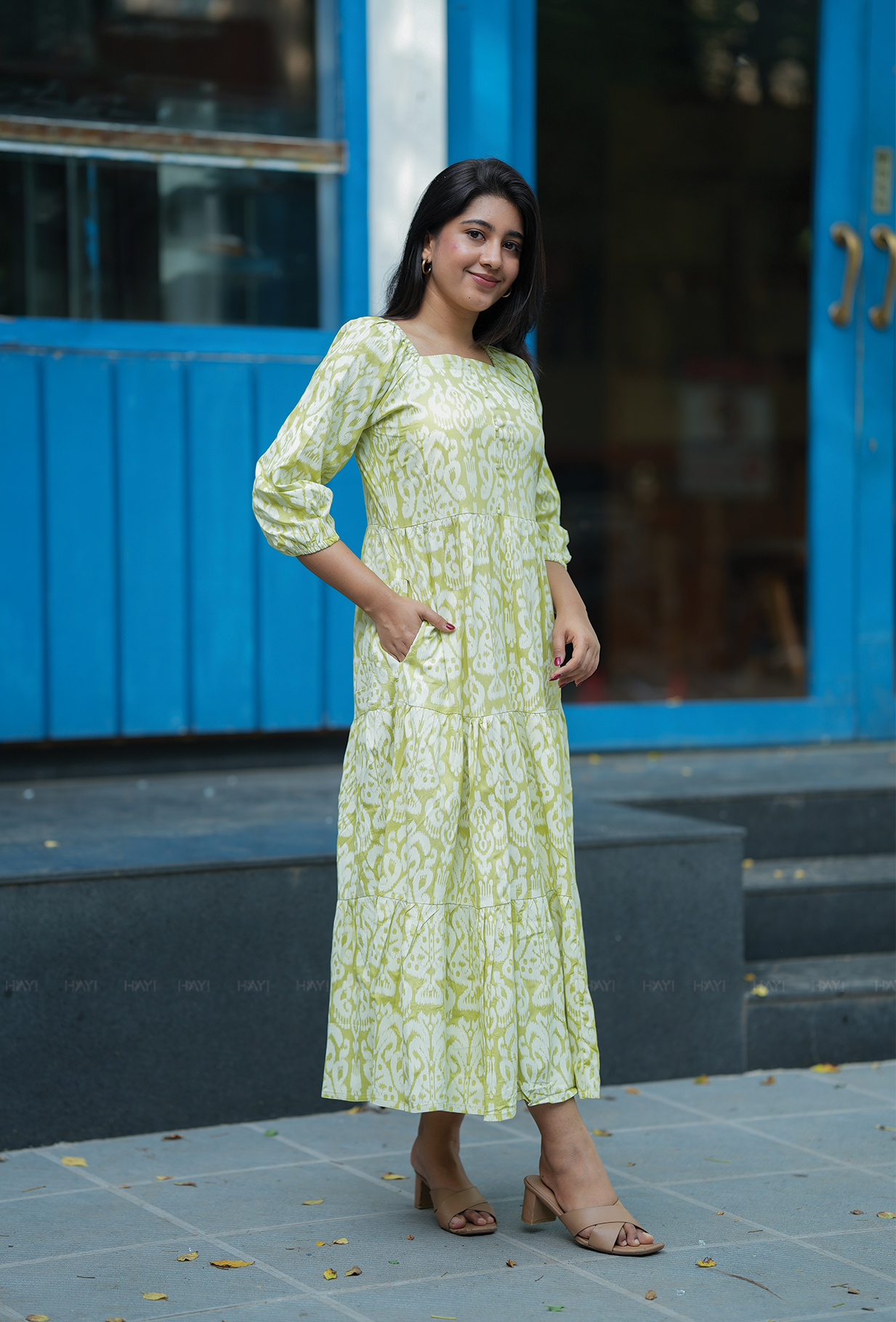 Grandeur Green with Olive Mist Printed Viscose Dress