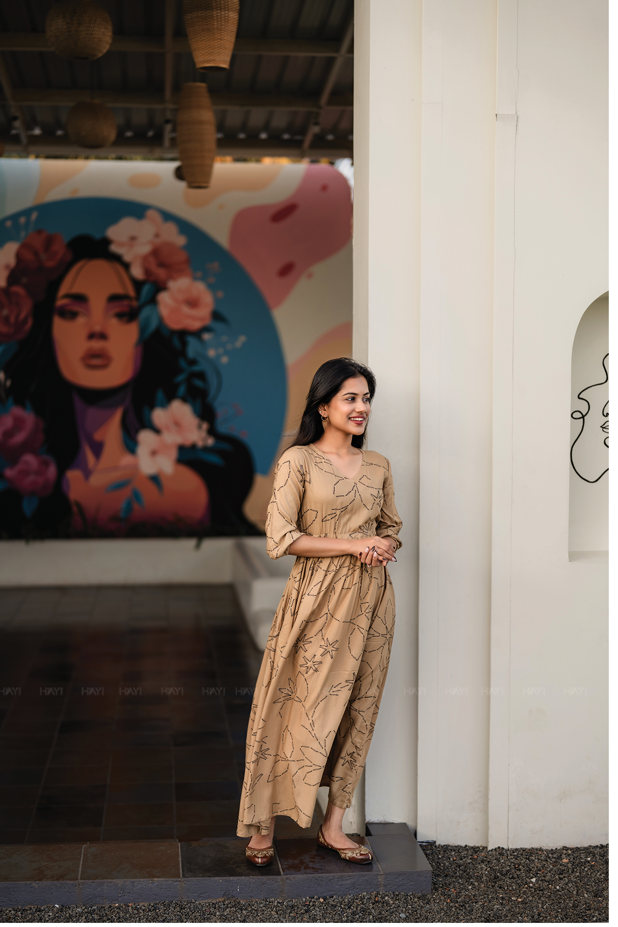 Lil Breeze Beige Viscose Dress with V-Neck &amp; 3/4th Sleeves