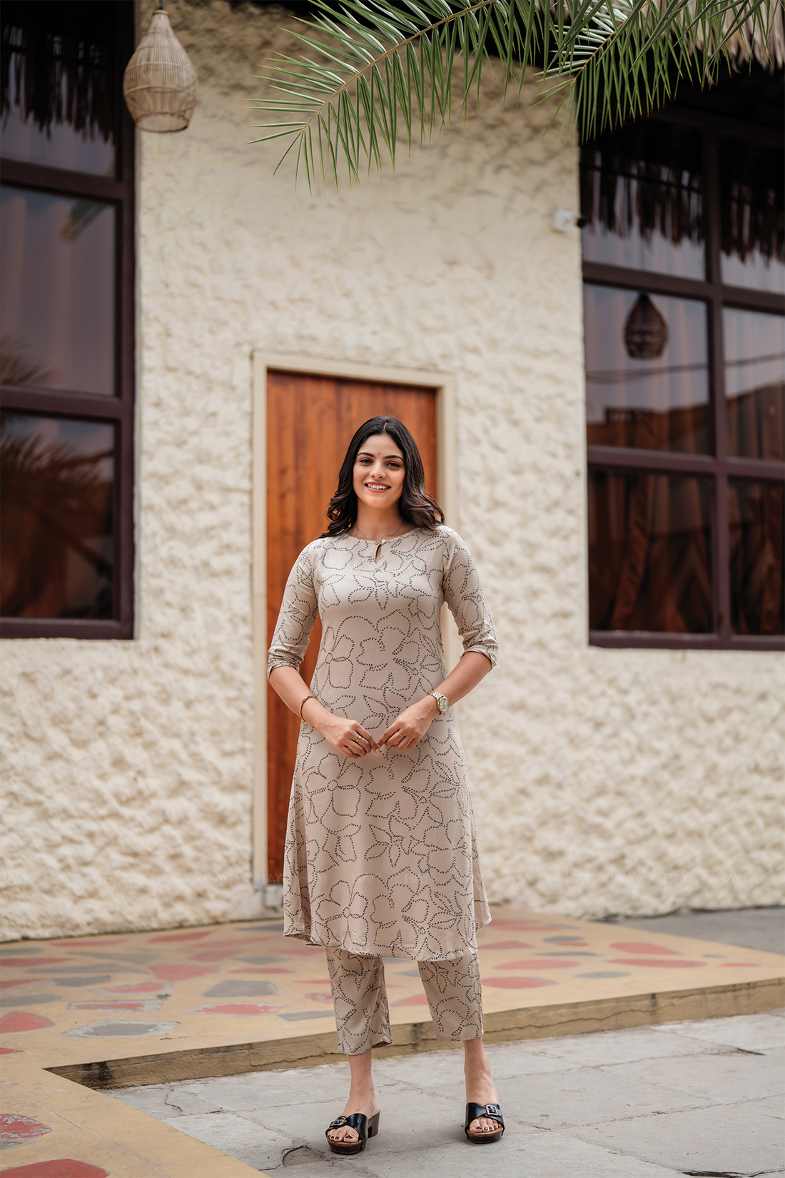 Beige Breeze Viscose Co-ord with Boat Neck with Keyhole &amp; 3/4th Sleeves