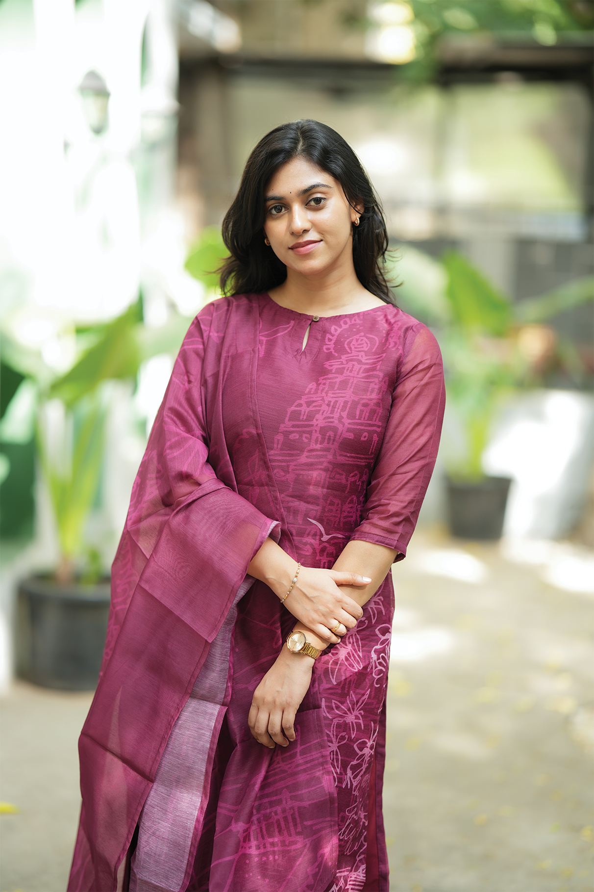 Gleam Wine with Live in Divine printed Chanderi Blend Kurta